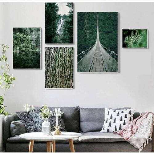 Forest Waterfall Bridge Landscape Picture Scandinavian Scenery Nature Canvas Wall Art Print Painting Nordic Decoation