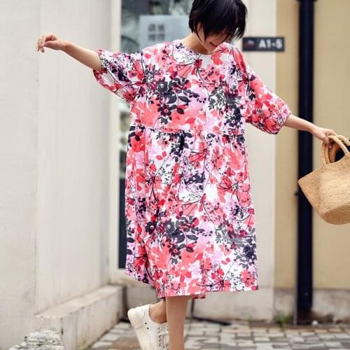 MICOCO Q3692C Literary and artistic fresh loose cotton linen design and color Mid-length round collar short sleeve dress