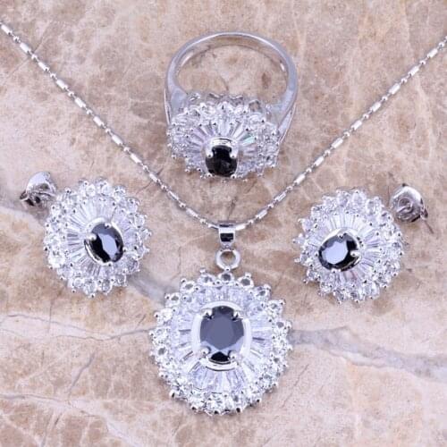 Black Cubic Zirconia White CZ Silver Plated Jewelry Sets Earrings Pendant Ring Size 6 / 7 / 8 / 9 / 10 S0109