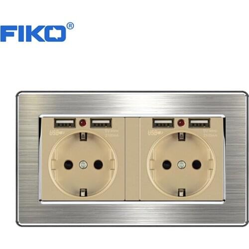 FIKO Wall 16A EU Standard Multi Way power socket with usb outlet strip 146mm*86mm stainless steel panel Gold