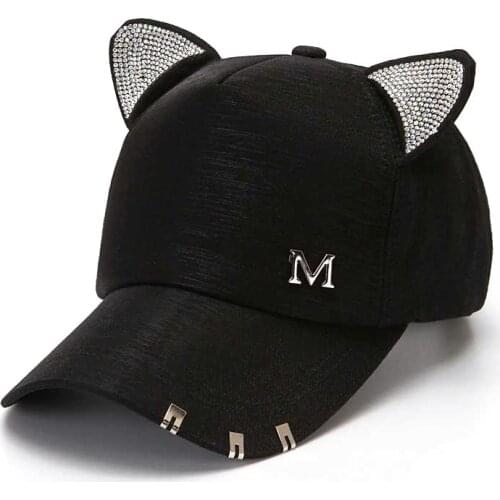 New Womens Summer Fall Black White Pink Hat Cat Ears Baseball Cap with Rings and Lace Diamond Cute Girl Hat