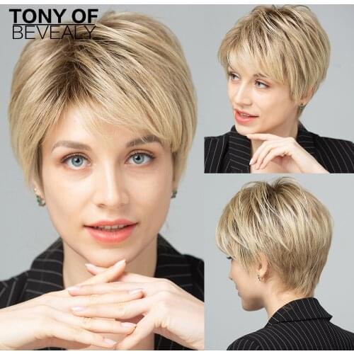 Short Ombre Blonde Platinum Synthetic Hair Wigs for Women With Bangs Daily Natural Futura feber Wigs Heat Resistant