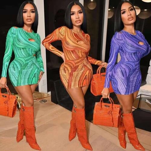 Casual Women Dress Print Hollow Out Full Sleeve Mini Dress Party Night Clubwear Bodycon Dresses For Women Outfit