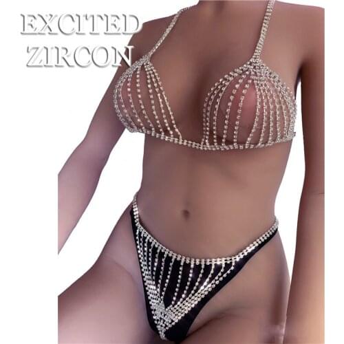 Luxury womens bikini body chain sexy tassel chest chain waist chain bra and thong gold glitter set jewelry