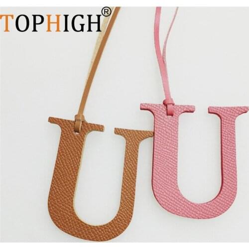TOPHIGH Cow Leather Initial Capital English Letter U Shape Keychain For Women 2021 Popular Design Handbag Tassel Girl Bag Charms