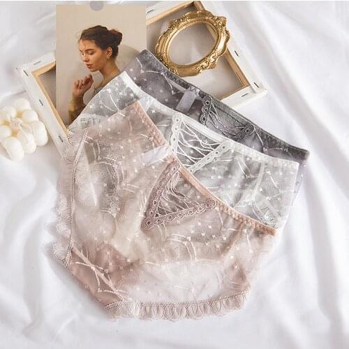Sexy Lace Edge Women Panties Cross Belt Translucent Mesh Briefs Low Waist Female Underpants Back Cutout Fashion Women Underwear