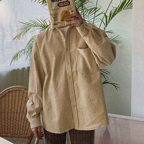 Korean Style Corduroy Casual Shirt Men Single Row Button Lapel Pocket Mens Shirt Fashion Loose Solid Long Sleeve Top Men 2021