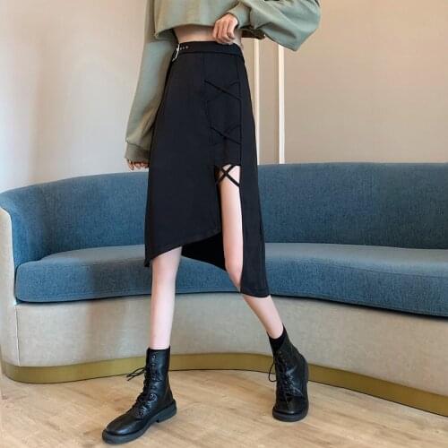 Irregular Skirt Female Spring Summer Ladies Retro Split Skirt Asymmetrical Mid Length High Waist A-Line Thin Black Skirts Women