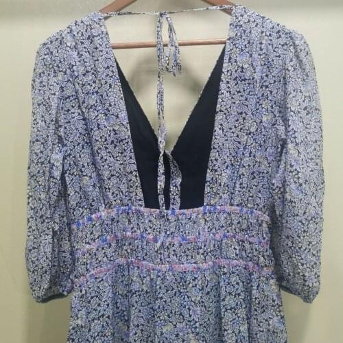 2021 Summer Women Midi Dress Floral Printed V-Neck Puff Sleeve Halter Backlless Dress Ladies Vintage Long Robes