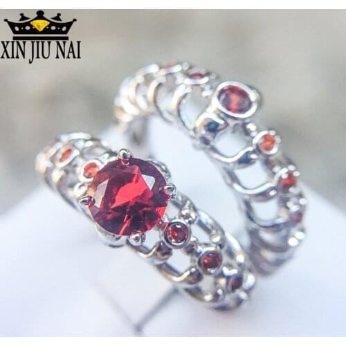 2 Pcs Red Garnet Skull Bone Couple Rings For Women Men CZ Ruby Stone Silver Wedding Engagement Gift Fine Silver 925 Jewelry