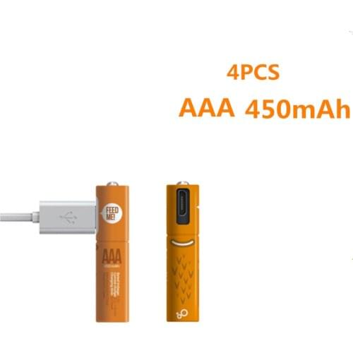 4pcs/lot New 1.2V AAA Rechargeable Battery 450mAh USB Ni-MH Rechargeable Battery with Micro-USB Charging Cable