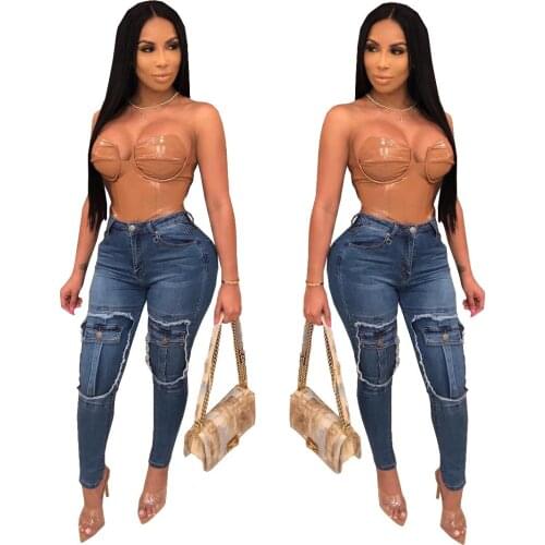 Pencil pants blue skinny jeans Europe America style Knee Decoration Fake Pocket High-waisted Elasticity Tight-Fit Skinny Pants