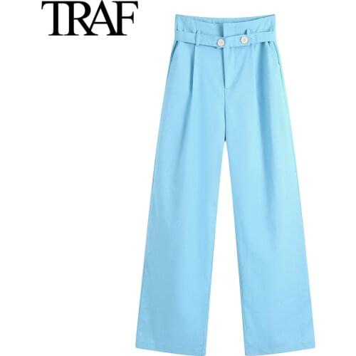 Traf Za Women Clothing Spring Autumn Loose Wide Leg High Waist Pants French Fashion Chic Office Lady Zipper Suit Trousers