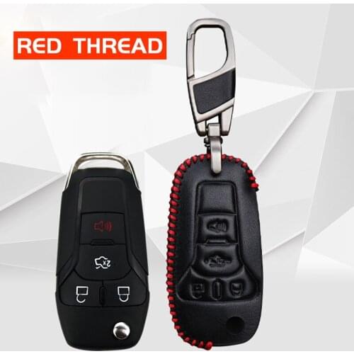 Black Leather Car Remote Key Case Cover Holder Key Chain Keyring Anti-drop anti-scratch anti-dust folding key protector For Ford
