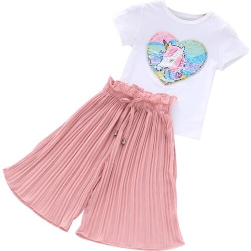 Toddler Kids Baby Girl Summer Clothes Unicorn Tops T-shirt Pleated Pants Outfits Teen Girls Clothing 3 4 5 6 7 8 9 10 Year