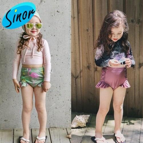 Korean-Style Kids Swimwear Long-Sleeved Sunscreen Split High-Waist Pants Belly Covering Small Girls Swimsuits Cute