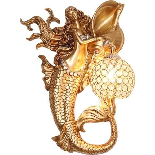 European-style Resin Gold Mermaid Wall Lamps Living Room Bedroom Decorative Sconces Wall Lights American Corridor Lighting