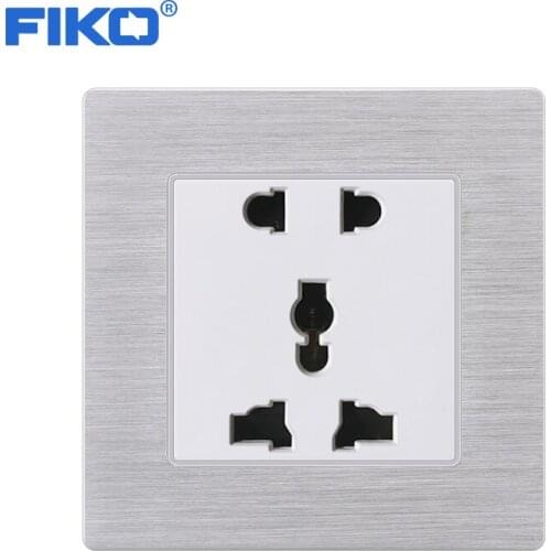 FIKO 13A universal socket 86mm*86mm Silver white Aluminium Alloy Panel 5 pin wall power Household socket family hotel socket