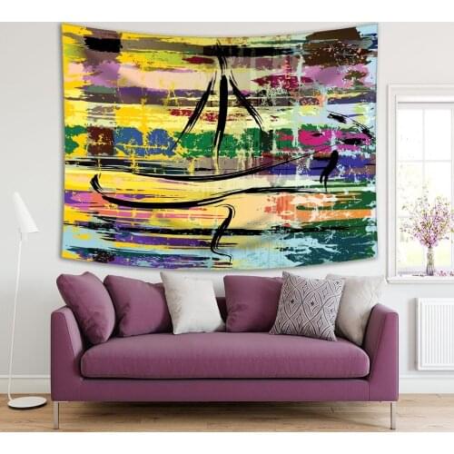 Tapestry Modern Art with Paint Strokes Splashes Abstract Landscape Aged Artistic Painting Green Yellow Purple Print