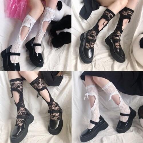 K3NF Women Gothic Lolita Floral Lace Calf Socks Harajuku Hollow Out Love Heart Sweet Ruched Lace-Up Bowknot Sheer Mesh Kawaii
