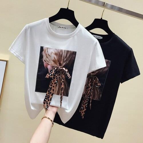 Summer Womens T-shirt Korean Commuter Round Neck Printed Leopard Print Bow Short Sleeve Top New Thin Loose Female Shirts DE489