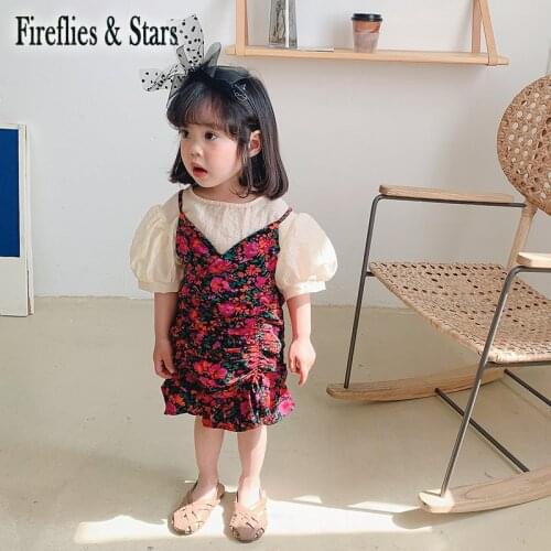 Summer Girls 2 Pcs Set Baby T Shirt + Dress Kids Suit Children Fashion Clothes Purplpe Floral Print Strap Pleated 3 To 7 Yrs