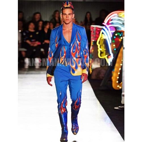 Fashion Cool Nightclub Male Singer McQueen Hell Fire Flame Blazers ,pants costumes party show stage suits set