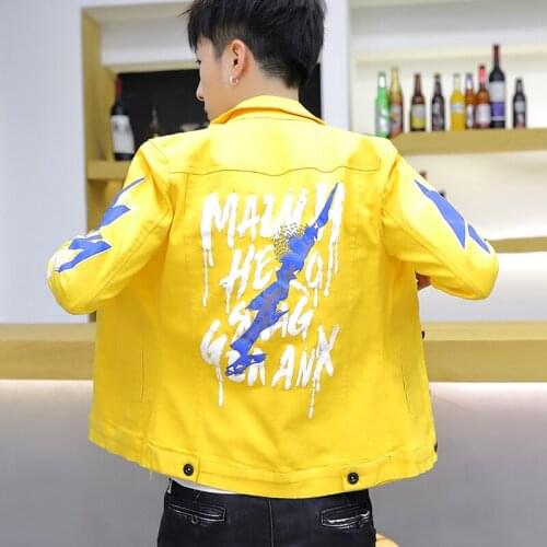 New Mens Stylish Denim Coat Club Korean Style Short Jean Jacket Short Cool Letters Pattern Boys Outwear C65