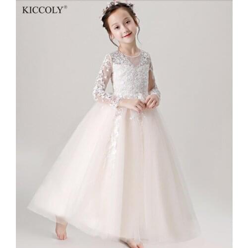 Champagne Girl Dress Flower Girl Dress Party Pageant Appliques Lace Long Sleeve Princess Wedding Dress For First Communion Gown