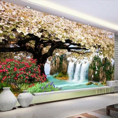 Custom Any Size Murals 3D Nature Wallpapers Modern Cherry Blossom Tree Waterfalls Landscape Wall Painting Living Room Home Decor