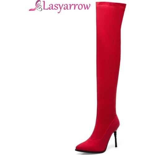 Lasyarrow 2018 Large Size 31-50 Pointed toe Autumn Winter Boots Stretch Denim High Heels Thigh High Boots Fashion Shoes Woman