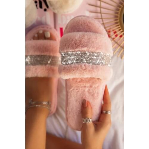 Shiny Rhinestone Women Luxury Fur Slippers Flat Indoor Cozy Furry Slides Solid Crystal Designer Home Shoes Ladies Female Winter