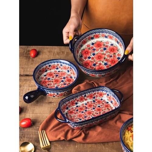 Snow Plum Ceramic Handle Round Baking Bowl Hand Drawn Craft Retro Breakfast Binaural Salad Pasta Pan In-glaze Dinnerware