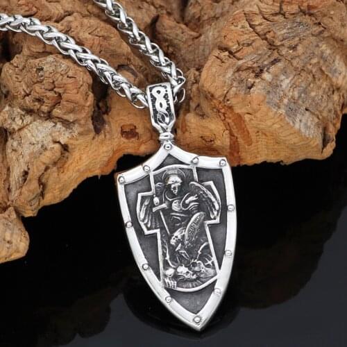 ST.MICHAEL ARCHANGEL CROSS SHIELD PRAYER MEDAL Amulet PENDANT NECKLACE Stainless Steel