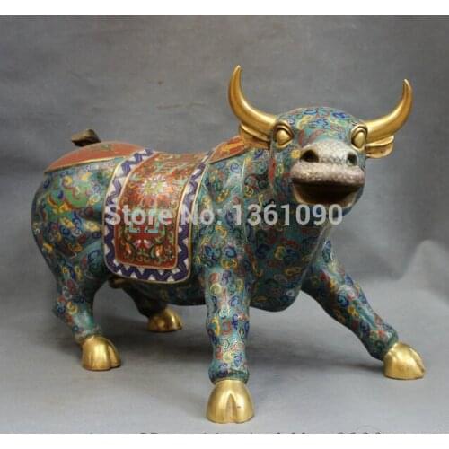 Xd 00755 20" Chinese Bronze Cloisonne Animals Year Zodiac Dragon Strong Bull Ox Statue