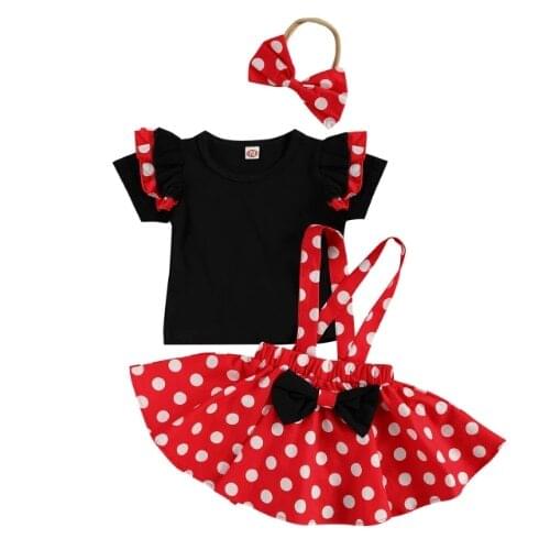 Baby Girls Skirt 3 Piece Suit Fresh Solid Color Short Sleeve T-Shirt and Polka Dot Suspender Skirt with Headband