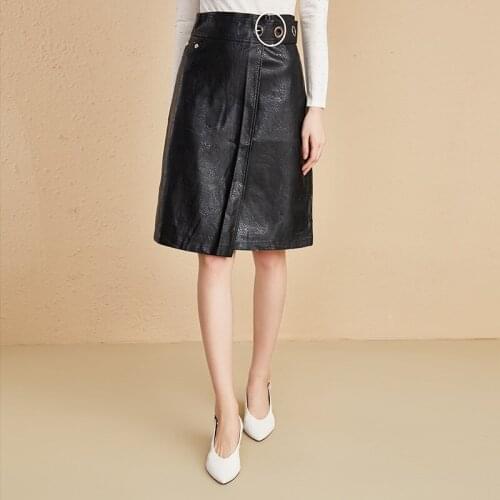 Fashion Asymmetrical pu leather skirts female college style was thin leather skirts with belt F1103 factory