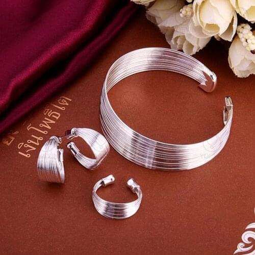 Factory Price Wholesale N925 Jewelry Silver color Plated Lovely Jewelry SetsBracelet Earrings Ring Free Shipping