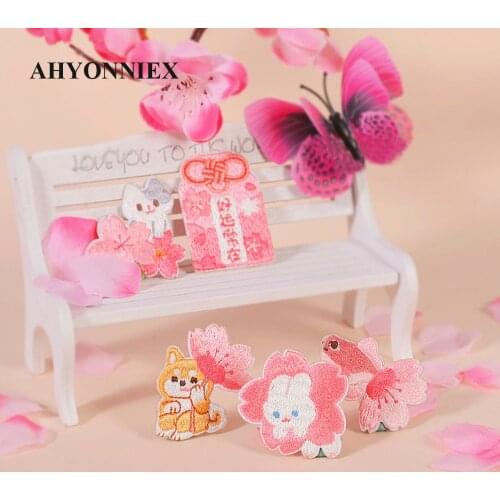 AHYONNIEX Fish Cherry Flower Embroidery Patches for Bag Jeans Shiba Rabbit Cat Iron On Patches for Clothes Small DIY Patches