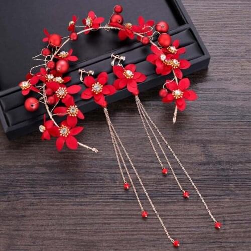 Women Chinese Style Red Flower Headband Bridal Wedding Simulation Pearl Headpiece Delicate Hairband Tassel Earrings BN