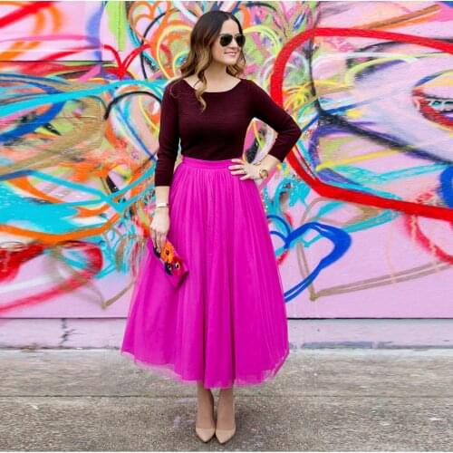 Colored 2017 Fuchsia Color Ankle Length Tulle Skirts Women Zipper Style Hot Pink Fashion Tutu Skirt Female Clothing Saia