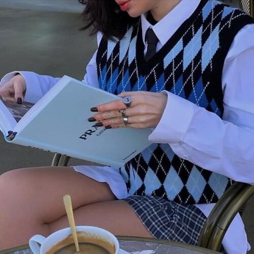 B-TOTO American Retro Blue Diamond Check Sweater Vest Women Tide Ins Loose Vest 2021 New Fashion