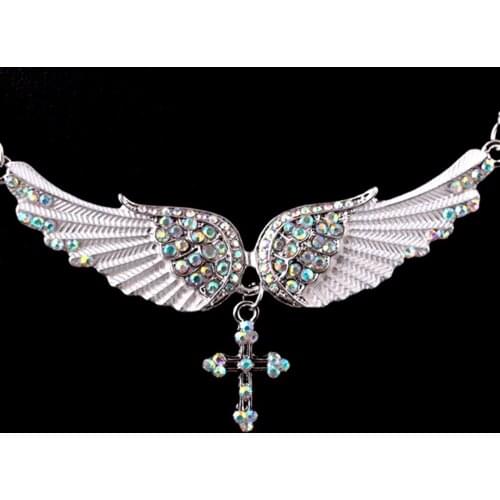 Sexy Women Chain Choker Necklaces Shellhard Crystal Angel Wings Cross Pendant Necklace Fashion Jewelry Accessories