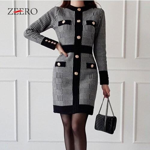 Autumn Winter Women Patchwork Jacquard Knitted Dress Gold Button Long Sleeves Base Keep Warm High Elasticity Sexy Slim Dresses
