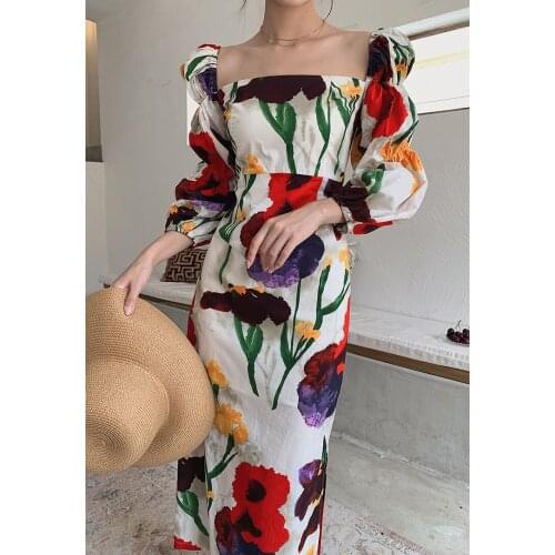 2020 Suummer New Vintage Square Collar Lantern Sleeve Print Dress Women Elegant Long Robe Modern Lady Floral Split Boho Vestidos