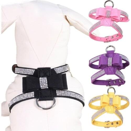 20PCS / LOT Sparkling Ironed Bow Tie Pet Chest Straps With Rhinestone Suede Microfiber Dog Leash Pet Supplies