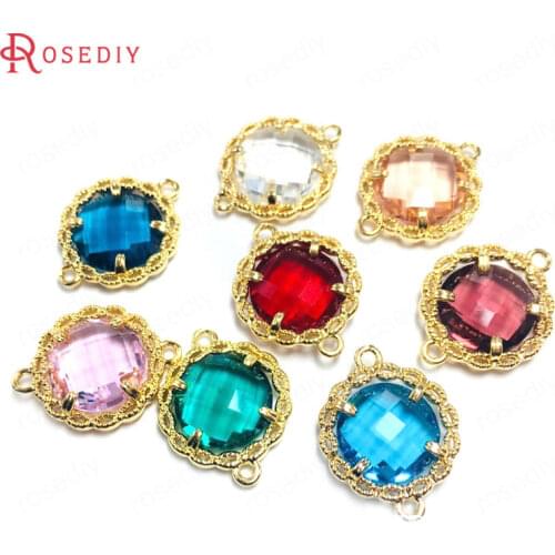 38616)10PCS 12MM 24K Champagne Gold Color Brass and Glass 2 Holes Round Connect Charms Pendants Jewelry Making Diy Accessories