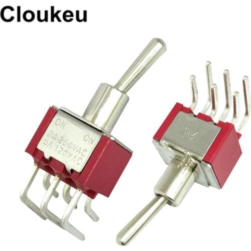 5Pcs MTS-202C3 6MM Red Bent-Pin 6Pin/2File ON-ON Rocker switch Toggle Switch 2A250V 5A120V