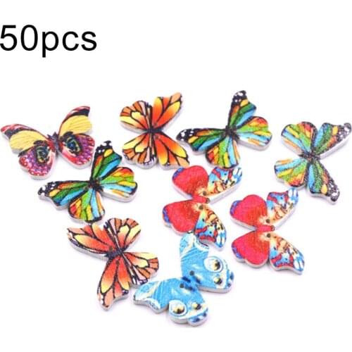 50Pcs Mixed Color Butterfly Head Shape Wooden Button 2 Holes Button Home Handmade DIY Craft Clothing Sewing Tool Accessory