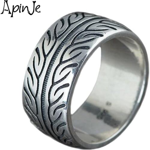 Apinje 925 Sterling Silver Punk Ring For Men Vintage Style Tire Pattern Rings